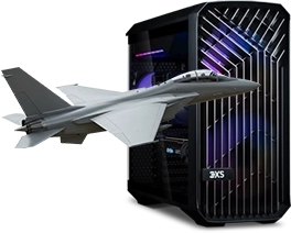 Flight simulator PC with multiple monitors showing aircraft cockpit view