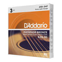 D'Addario EJ15-3D 10-47 Extra Light Acoustic Guitar Strings 3-Pack