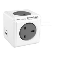 Allocacoc PowerCube 'Extended USB' 4-Socket Mains Extension Cube with USB A + USB C, Grey 1.5M Cable