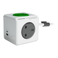 Allocacoc PowerCube 3-Socket Mains Extension Lead w/ Wireless Charger + 2 x USB A & C, Grey