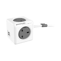 Allocacoc PowerCube 'Extended USB' 4-Socket Mains Extension Lead with 2 x USB-A, Grey 1.5m Lead